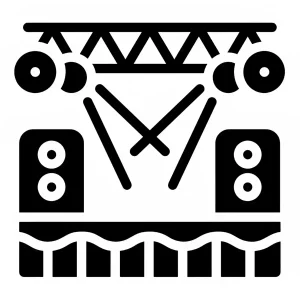 dessin d'une scène en noir et blanc avec deux enceintes et des jeux de lumière