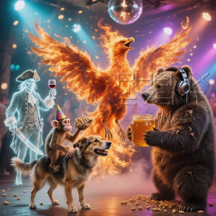 les mascottes (un corsaire fantômatique, un singe sur le dos d'un chien, un ours et un phoenix) Phenix Event s'enjaillent dans une ambiance de fête, sur une piste de danse éclairée par des projecteurs