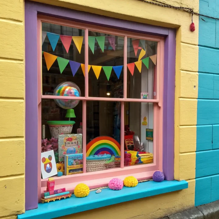 une fenêtre avec des décorations et des objets multicolores