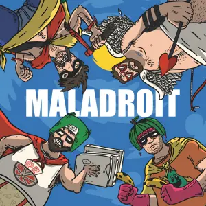 Logo du groupe Maladroit représentant quatre personnages masqués en super-héros formant un cercle