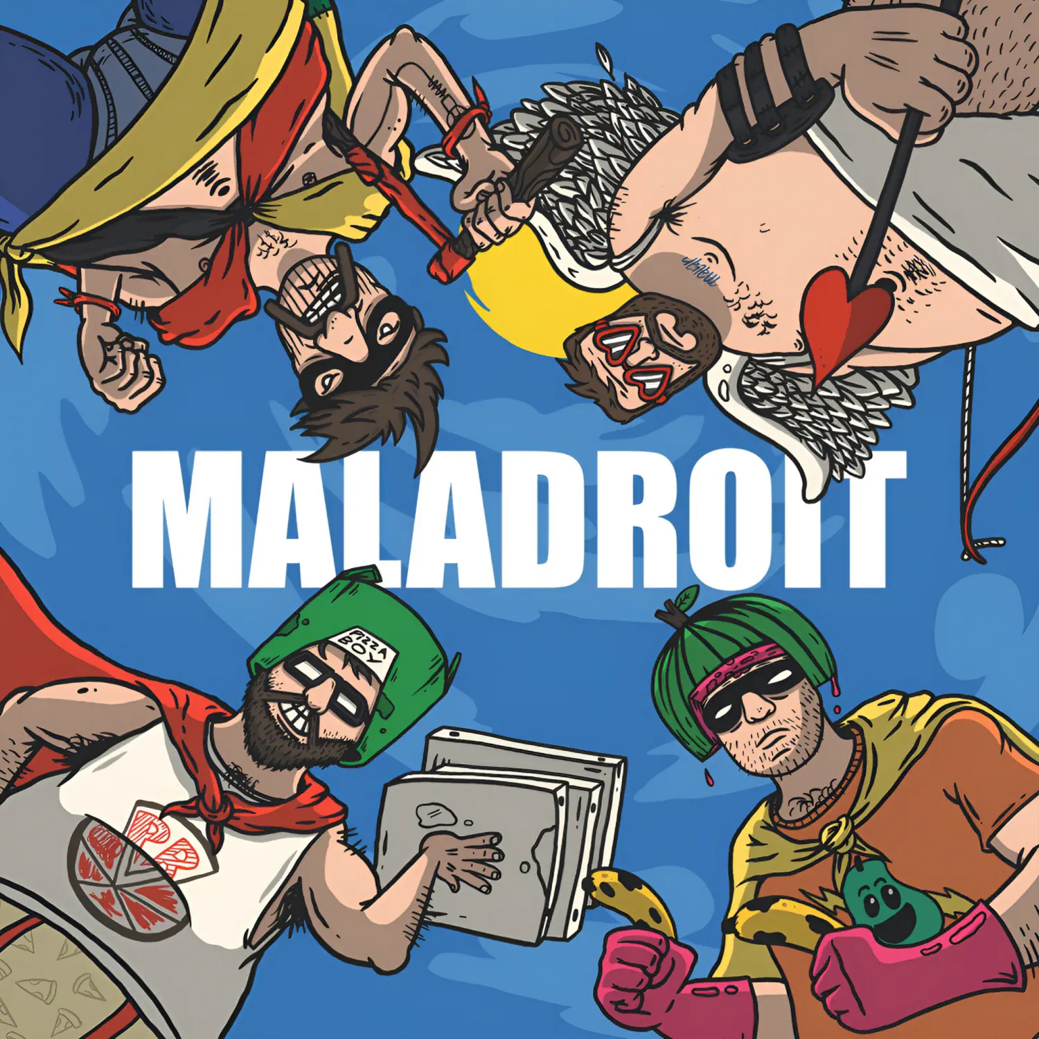 Logo du groupe Maladroit représentant quatre personnages masqués en super-héros formant un cercle