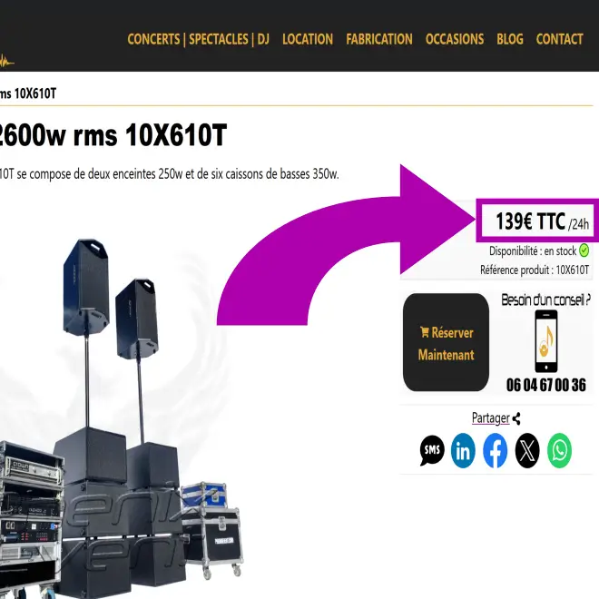 une fleche pointe vers le prix ttc d'un produit phenix event