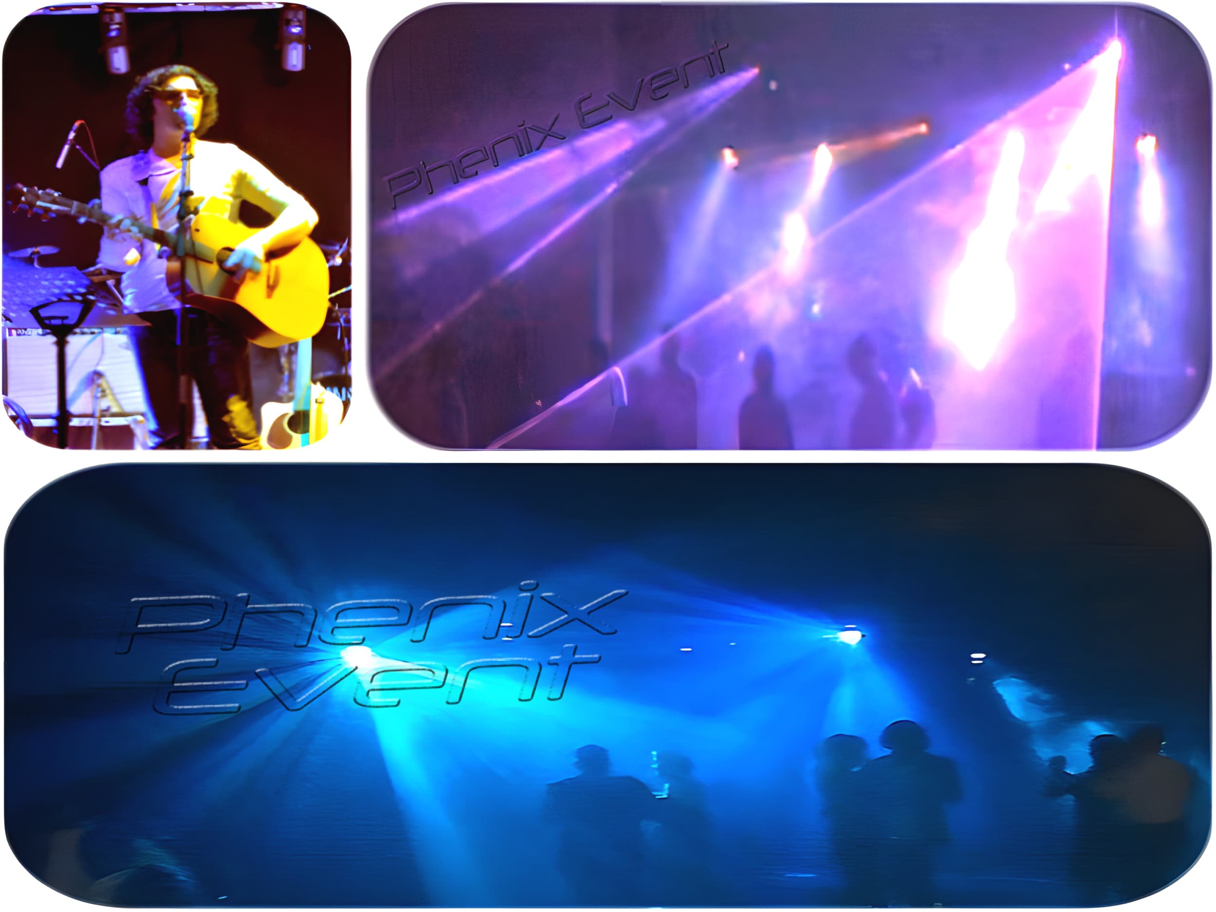 un guitariste chanteur et des personnes dansent sous les faisceaux des jeux de lumière installés