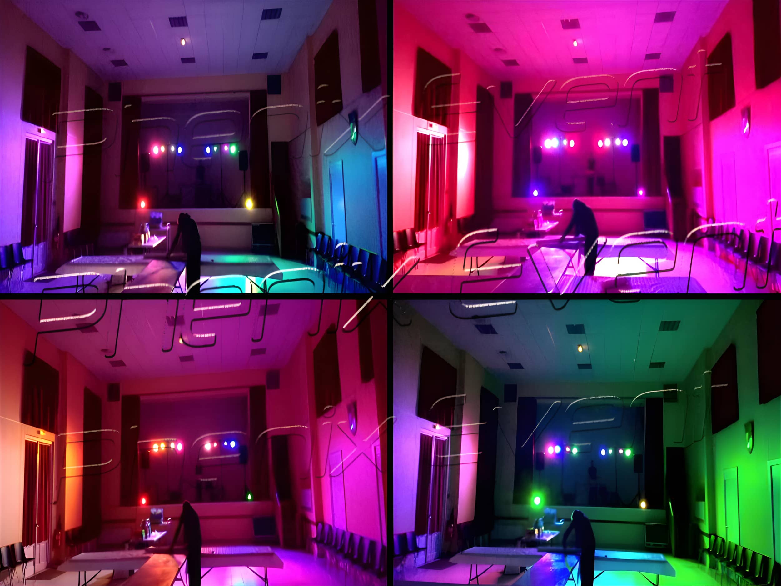 plusieurs ambiances lumineuses généréé par un pack projecteurs lors d'un anniversaire dans la salle des fêtes de Marsal en Lorraine