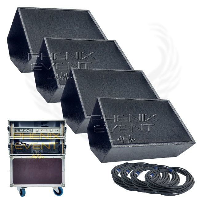 pack retours de scène 2000w 412X constitué de 4 enceintes inclinées à 45 degrés, deux amplificateurs professionnels et des câbles speakon