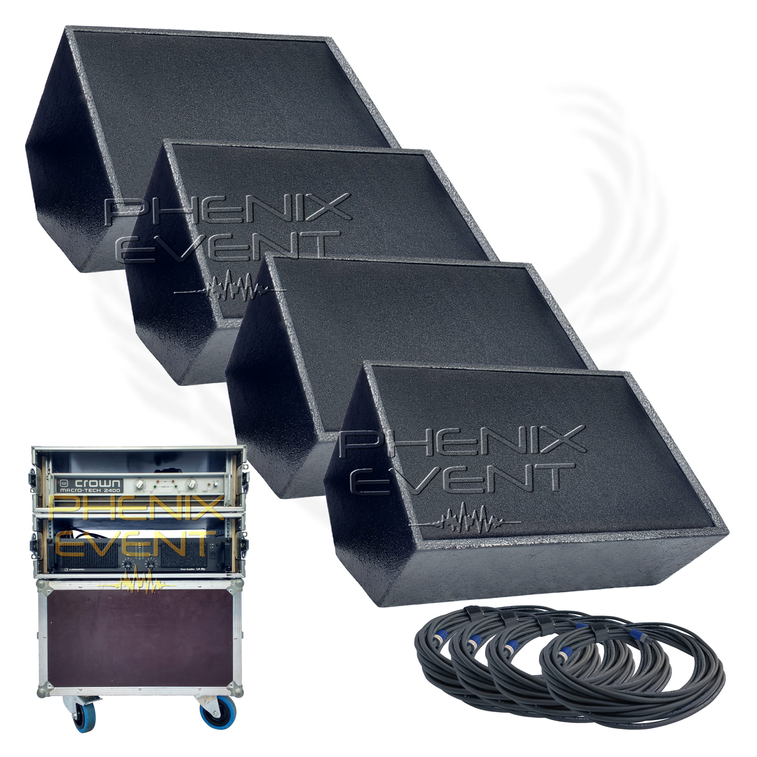 location de pack retours de scène 2000w 412X constitué de 4 enceintes inclinées à 45 degrés, deux amplificateurs professionnels et des câbles speakon