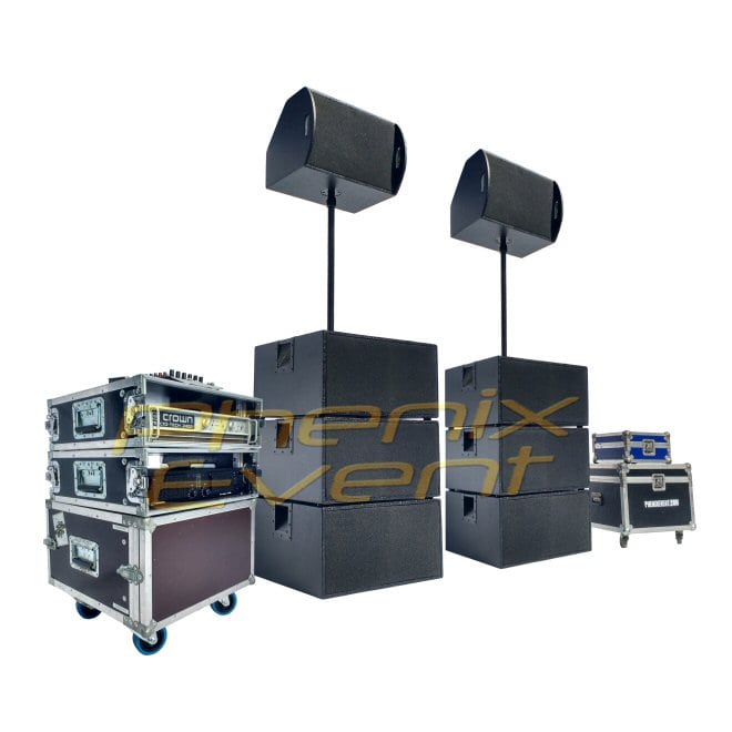 pack sono 4000w rms composé de deux enceintes, six caissons de basses et d'un rack d'amplificateurs